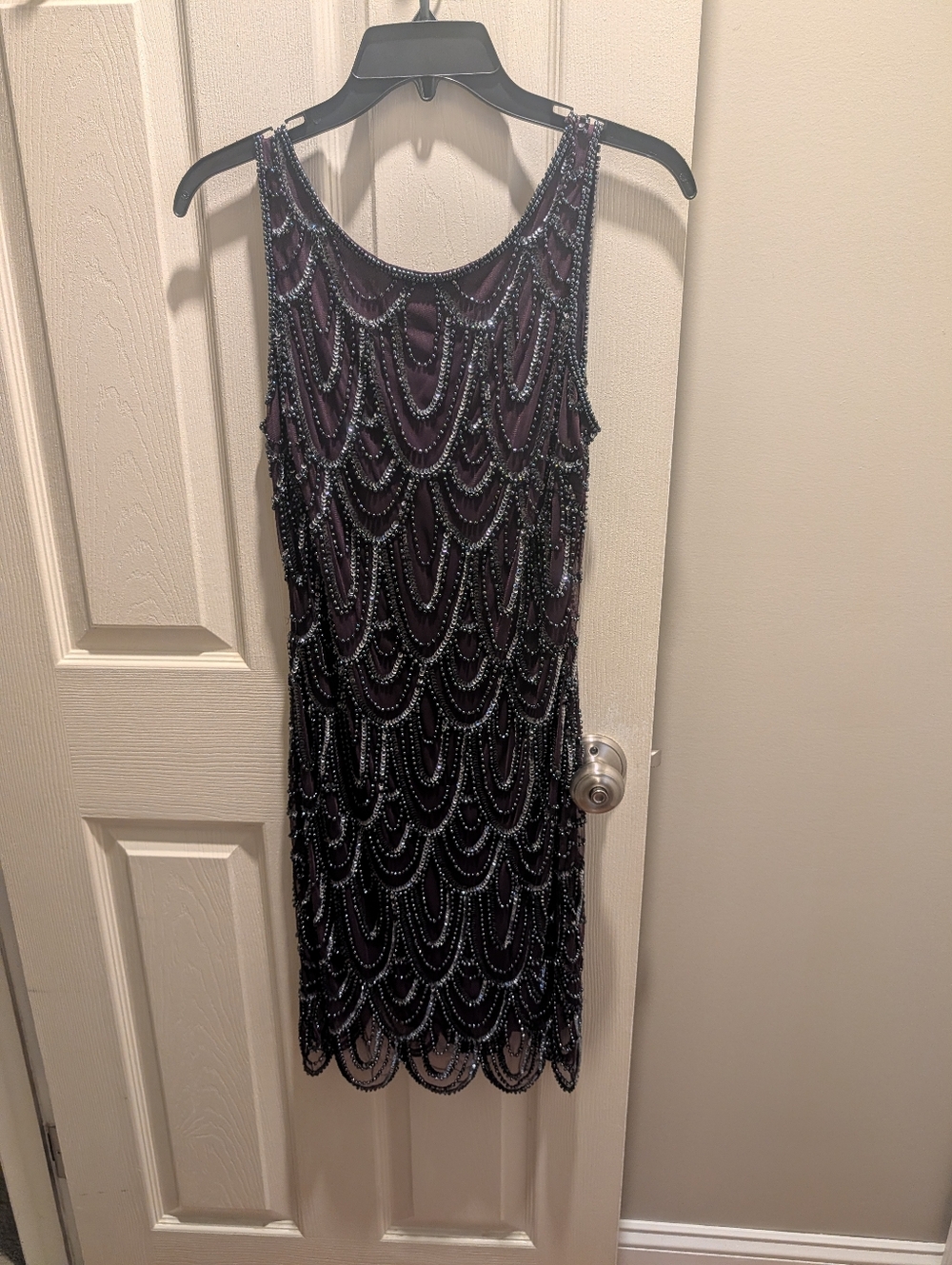 Beaded Purple Cocktail Dress - Sleeveless Scallop-Pattern Evening Dress